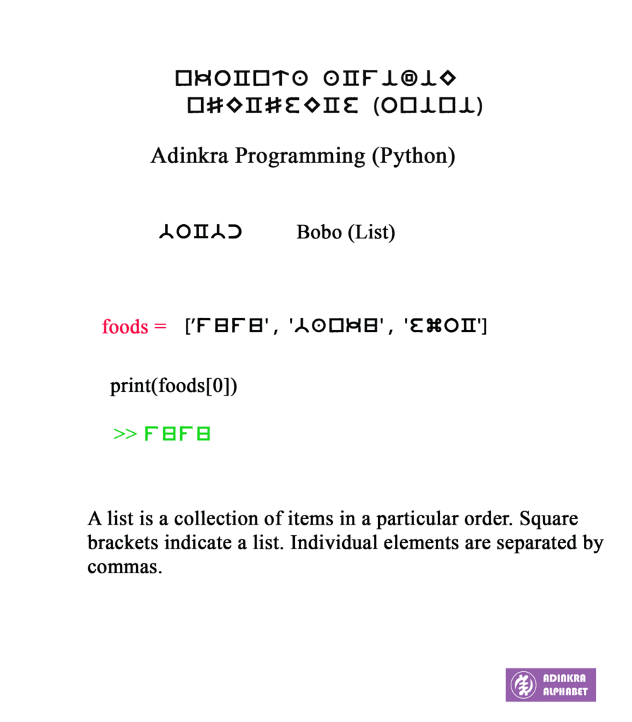 Lists in Python with Adinkra Alphabet – Adinkra Alphabet